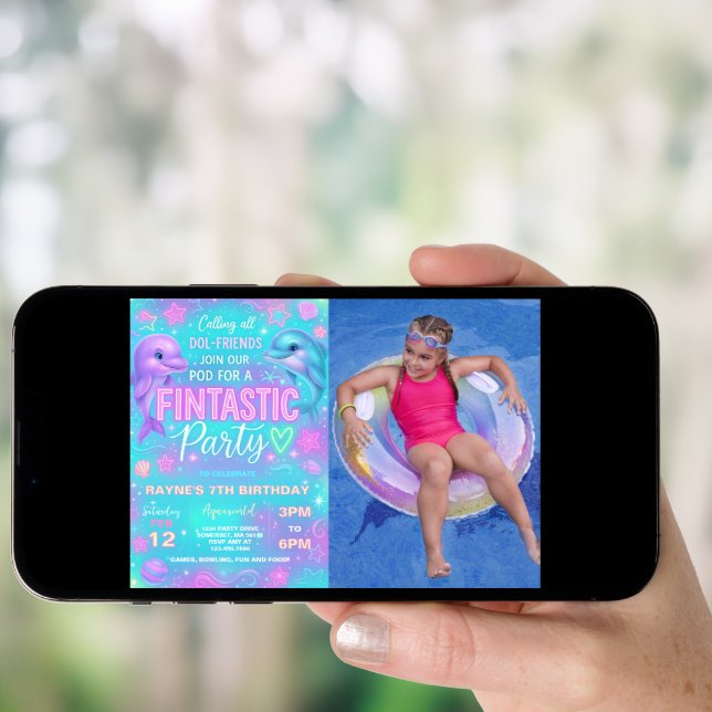 Neon Glow Dolphin Birthday Party Photo Invitation (Front Digital)