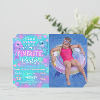 Neon Glow Dolphin Birthday Party Photo Invitation
