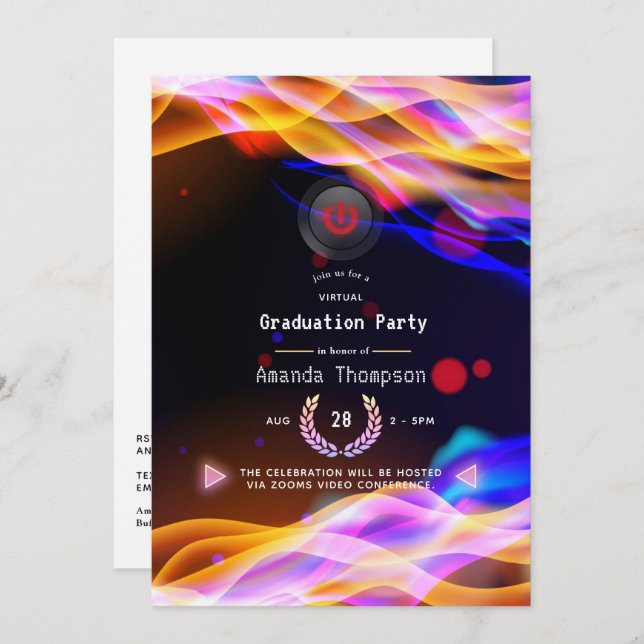 Neon Glow Flames Virtual Graduation Party Invitation (Front/Back)
