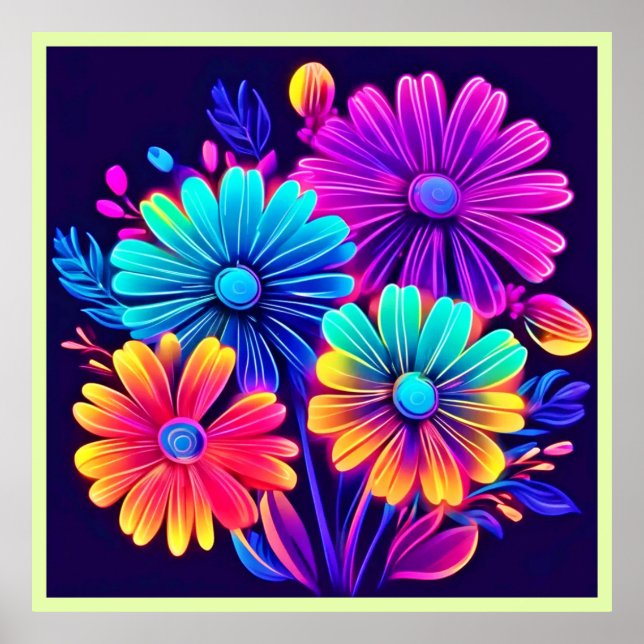 Neon Glow Floral Fantasy Art Poster (Front)