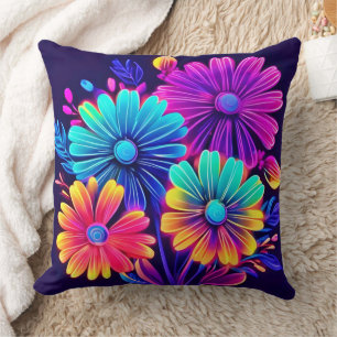 Neon Glow Floral Fantasy Art Throw Pillow