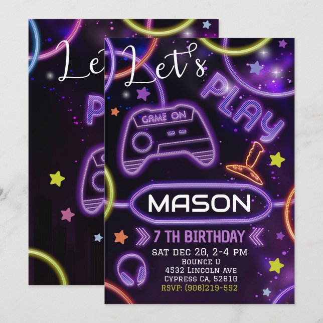 Neon Glow Gaming Birthday Invitation (Front/Back)