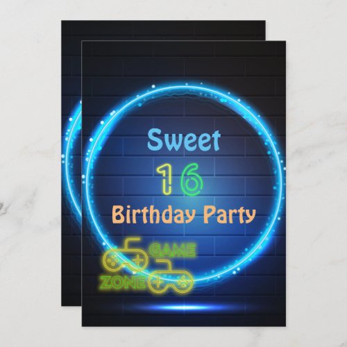 Neon Glow Gaming Sweet Sixteen Birthday Party Invitation