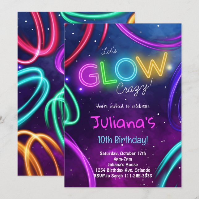 Neon Glow Girls Birthday Party Invite (Front/Back)