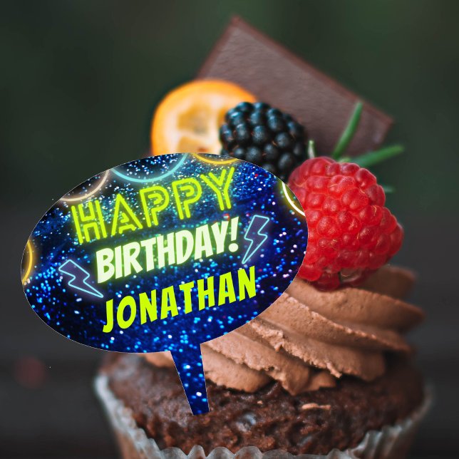 Neon Glow Green Blue Boys Party Happy Birthday  Cake Topper (Creator Uploaded)