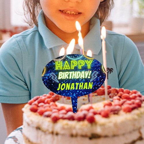 Neon Glow Green Blue Boys Party Happy Birthday  Cake Topper