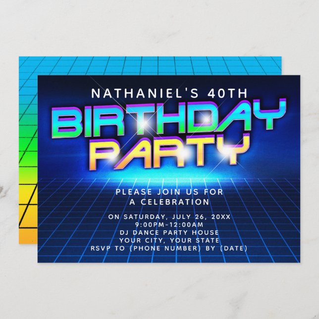 Neon Glow Grid Mens 40th Birthday Party Invitation (Front/Back)