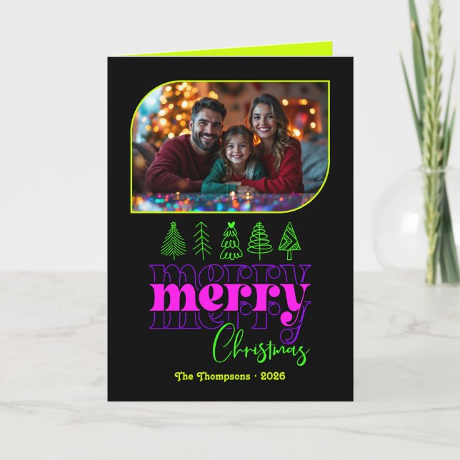 Neon Glow Hand Drawn Merry Christmas Photo Holiday Card (Front)