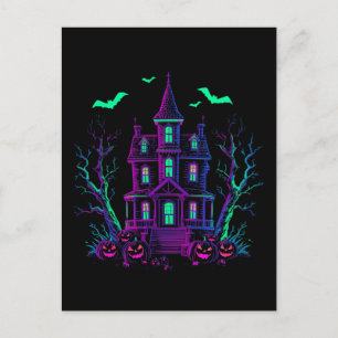 Neon Glow Haunted House Bats and Pumpkins Postcard