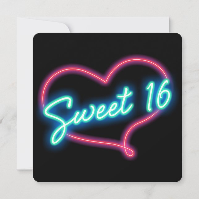 Neon Glow Heart SWEET 16 Birthday Party Invitation (Front)