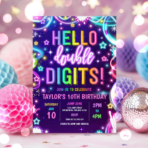 Neon Glow Hello Double Digits 10th Birthday Party Invitation