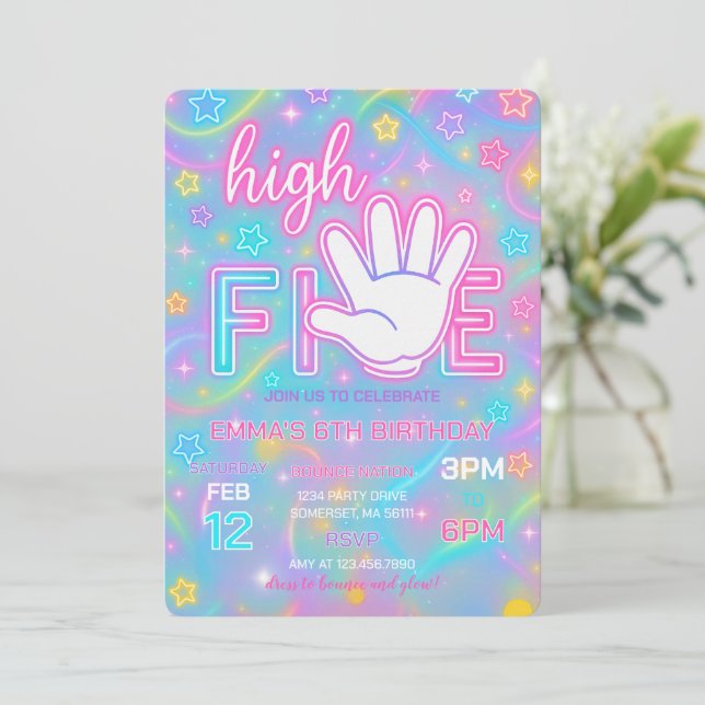 Neon Glow High Five 5th Birthday Party Invitation (Standing Front)