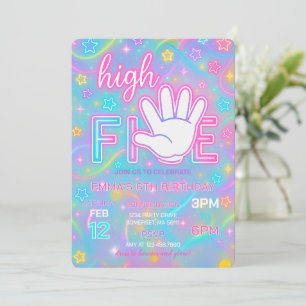 Neon Glow High Five 5th Birthday Party Invitation