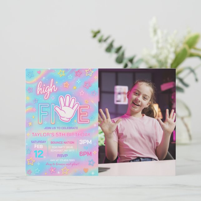 Neon Glow High Five Birthday Party Photo Invitation (Standing Front)