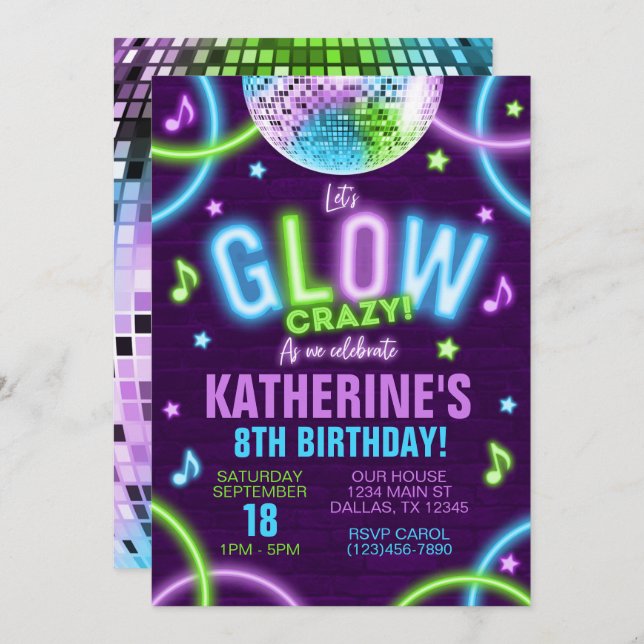 Neon Glow in the Dark Birthday Party Invitation (Front/Back)
