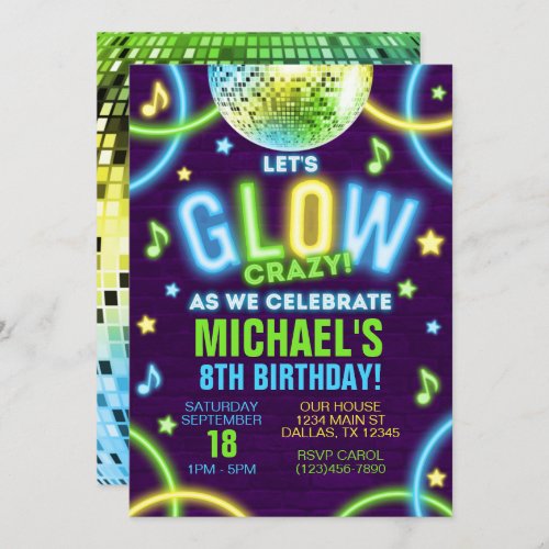 Neon Glow in the Dark Birthday Party Invitation