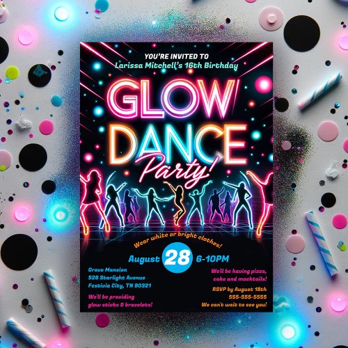 Neon Glow in the Dark Dance Birthday Party  Invitation