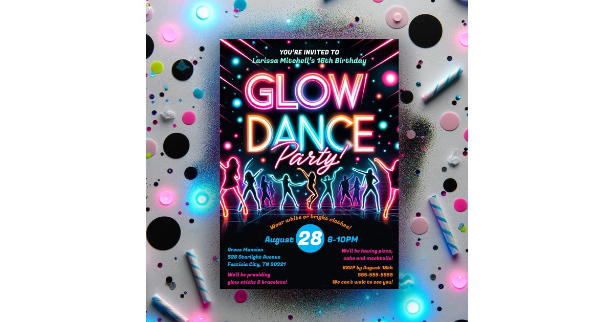 Neon Glow in the Dark Dance Birthday Party Invitation | Zazzle