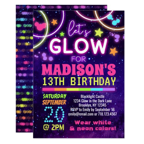 Neon Glow in the Dark Glow Party Birthday Invitation Neon Glow in the Dark Glow Party Birthday Invitation