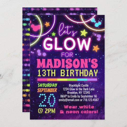 Neon Glow in the Dark Glow Party Birthday Invitation