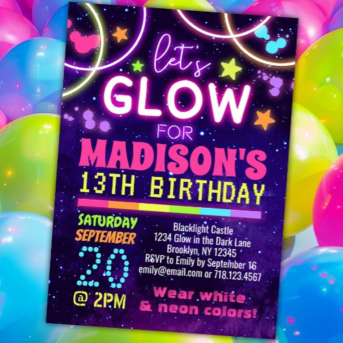 Neon Glow in the Dark Glow Party Birthday Invitation