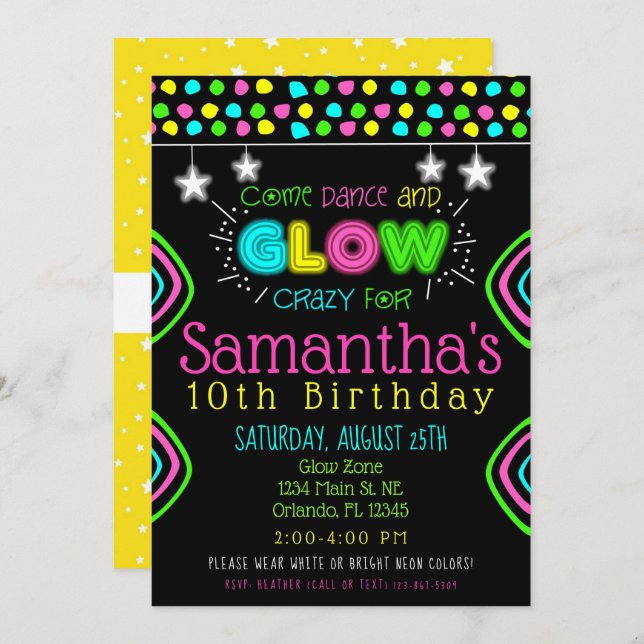 Neon Glow in the Dark Kids Birthday Party Invite (Front/Back)