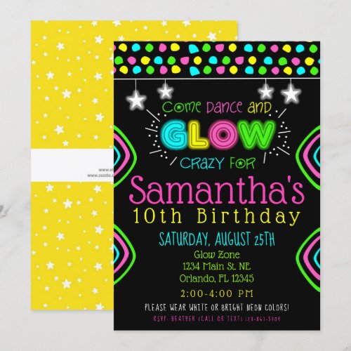 Neon Glow in the Dark Kids Birthday Party Invite