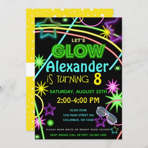 Neon Glow in the Dark Kids Birthday Party Invite