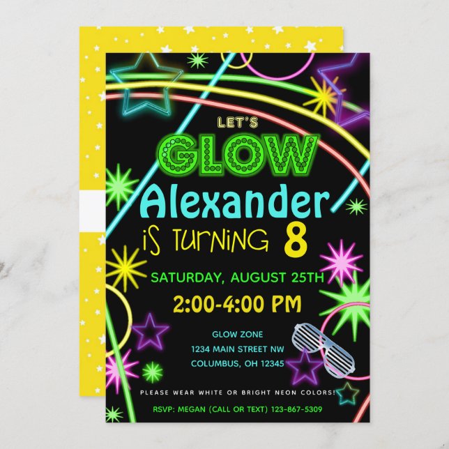 Neon Glow in the Dark Kids Birthday Party Invite (Front/Back)