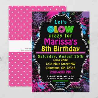 Neon Glow in the Dark Kids  Birthday Party Invite