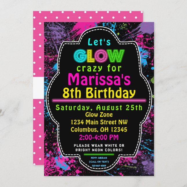 Neon Glow in the Dark Kids  Birthday Party Invite (Front/Back)