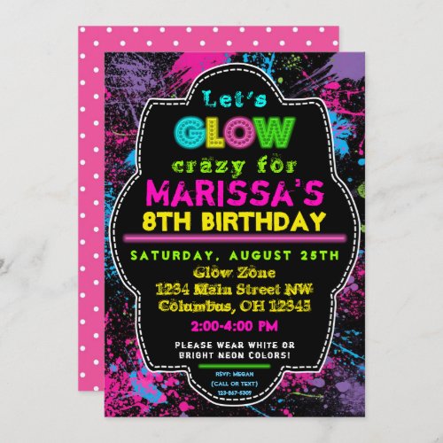 Neon Glow in the Dark Kids  Birthday Party Invite