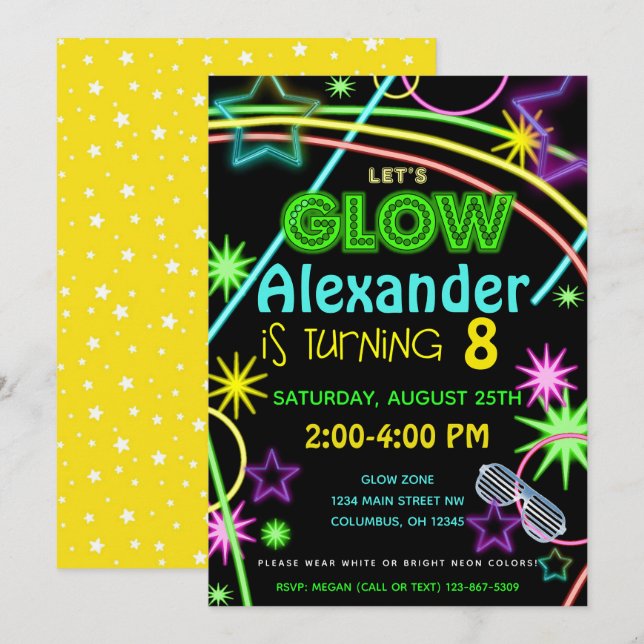 Neon Glow in the Dark Kids Birthday Party Invite (Front/Back)