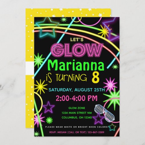 Neon Glow in the Dark Kids Birthday Party Invite