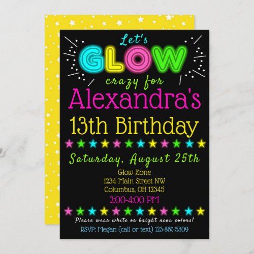 Neon Glow in the Dark Kids Birthday Party Invite