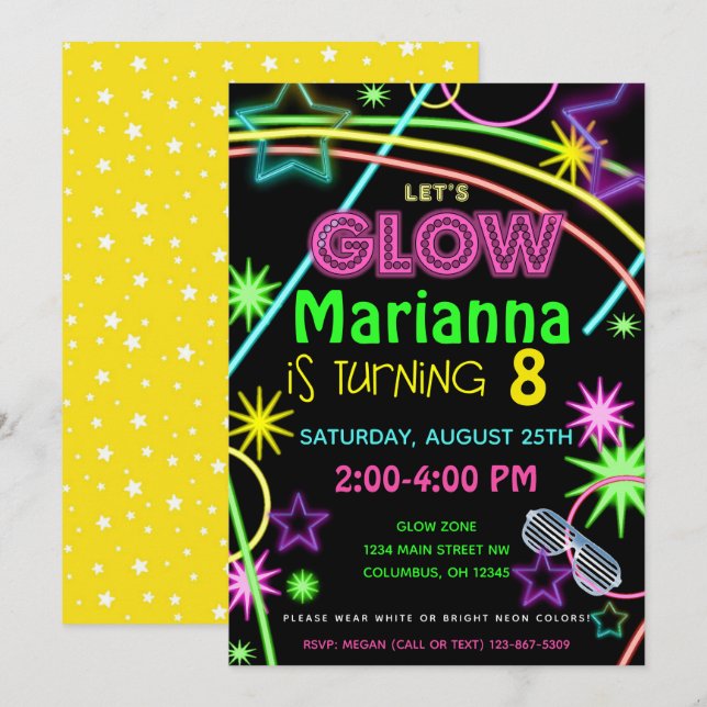 Neon Glow in the Dark Kids Birthday Party Invite (Front/Back)