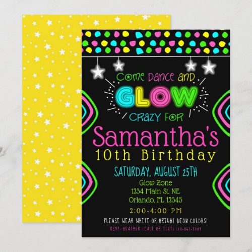 Neon Glow in the Dark Kids Birthday Party Invite