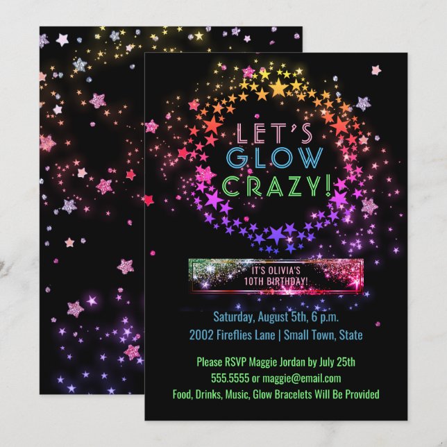 Neon Glow in the Dark Party | Kids Birthday Invitation (Front/Back)