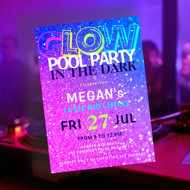 Neon glow in the dark pool birthday party invitation (Creator Uploaded)