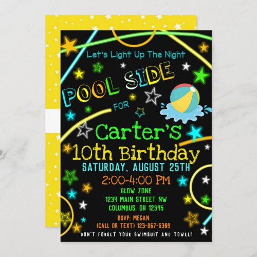 Neon Glow in the Dark Pool Party Invite