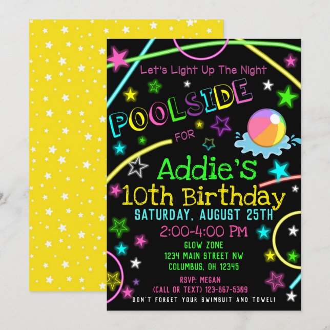 Neon Glow in the Dark Pool Party Invite (Front/Back)