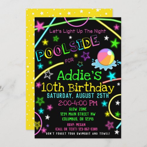 Neon Glow in the Dark Pool Party Invite