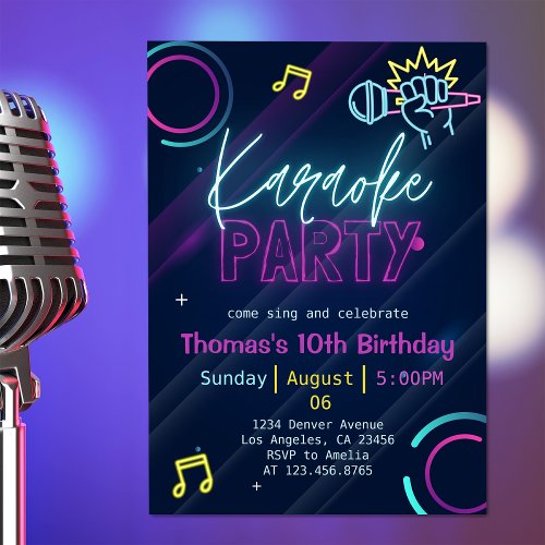 Neon Glow Karaoke Night Music Birthday Party Invitation