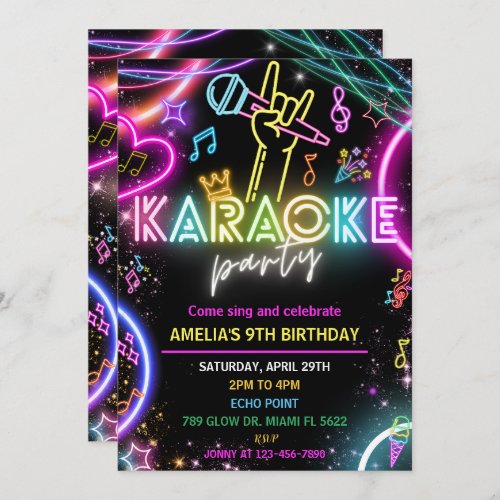 Neon Glow Karaoke Singing Music Birthday Party  Invitation