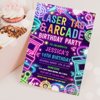 Neon Glow Laser Tag And Arcade Birthday Party  Invitation by PixelPerfectionParty at Zazzle