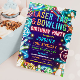 Neon Glow Laser Tag And Bowling Birthday Party  Invitation