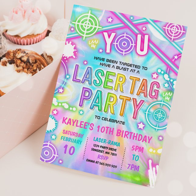 Neon Glow Laser Tag Tie Dye Birthday Party Invitation