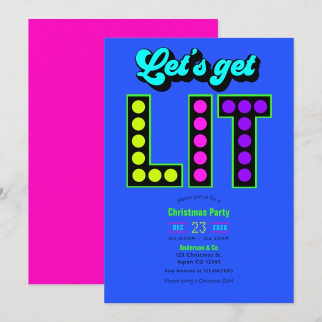 Neon Glow Let’s Get Lit Retro Christmas Party Invitation (Front/Back)