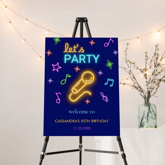 Neon Glow Let's Party Karaoke Birthday Welcome Foam Board (In Situ (Stand))