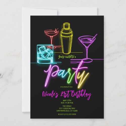 Neon Glow Lights Colorful Cocktails 21st Birthday Invitation